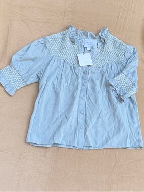NWT The Shirt Rochelle Behrens Smocked Blue White Striped Star Blouse Small